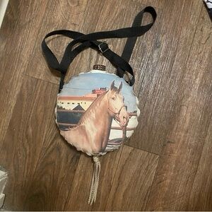 Vintage Handmade Horse Fabric Covered Canteen 8” Diameter Western Cowboy Horses